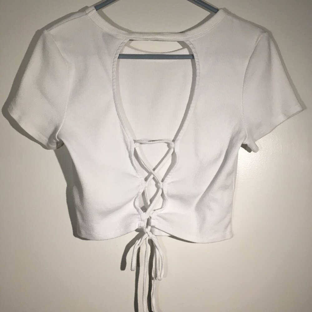 Wild Fable White Ribbed Crop Top - Open Lace-up Back - Size L